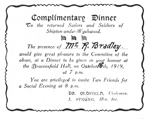 Invitation to the dinner held in Shipton, 1919.
